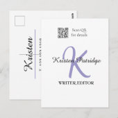 Carte Postale Édition de nom en monogramme violet code QR affair (Devant / Derrière)