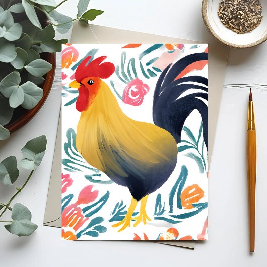 Carte Postale Edna le coq | Aquarelle Floral Poulet