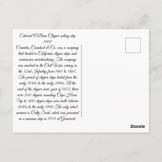 Carte Postale Edward O'Brien Clipper voilier 1900 (Dos)