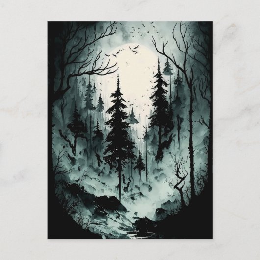 Carte Postale Eerie Forêt d'encre noire et blanche dans le broui (Devant)