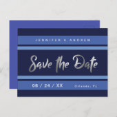 Carte Postale Effet argent bleu rayé moderne Enregistrer la date (Devant / Derrière)