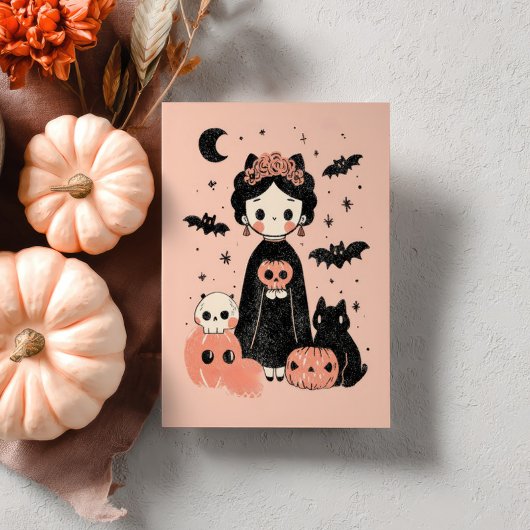 Carte Postale Éffrayant Cute Frida Kahlo Retro Pink Halloween