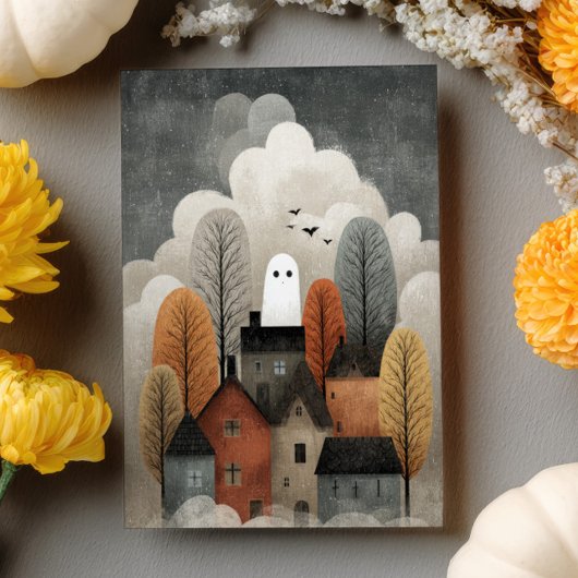 Carte Postale Éffrayant Mignonne Fantôme Ville Aquarelle Hallowe
