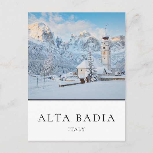 Carte Postale Église avec Dolomites en hiver à Alta Badia (Devant)