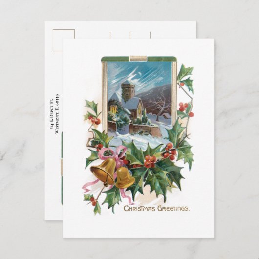 Carte Postale Église de pierre rustique en hiver avec Holly (Devant / Derrière)