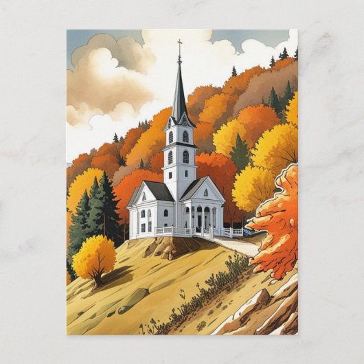 Carte Postale Église sur une colline en automne (Devant)