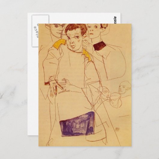 Carte Postale Egon Schiele - Autoportrait triple (Devant / Derrière)