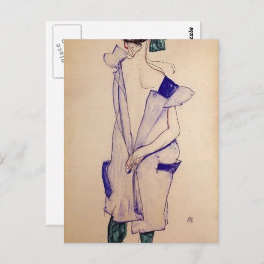 Carte Postale Egon Schiele - Une fille debout en bleu et vert (Devant / Derrière)