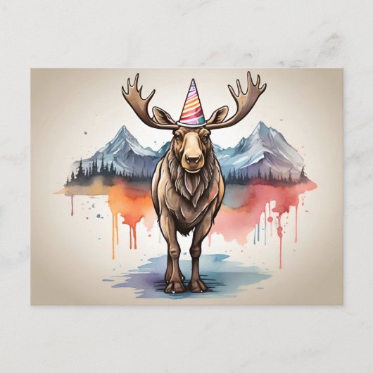 Carte Postale Élan d'Alaska portant un chapeau d'anniversaire (Devant)