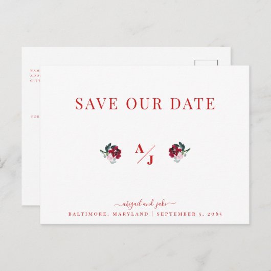 Carte Postale Élégance en Mariage rouge Sauvez notre Date II (Devant / Derrière)