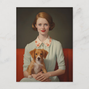 Carte Postale Élégance vintage : Femme avec chiot dans Pastel