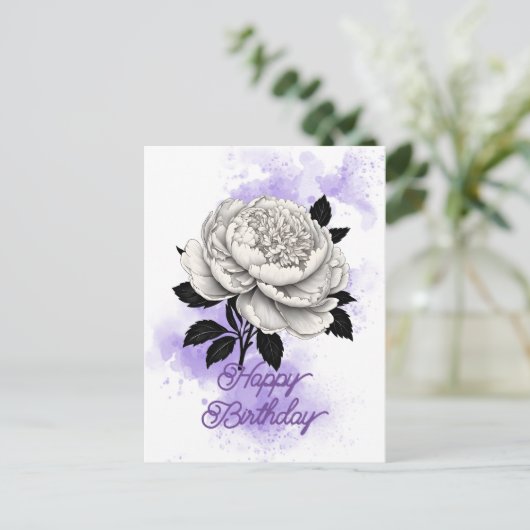 Carte Postale Élégant Anniversaire Blanc Pivoine Éclaboussure Vi (Debout devant)