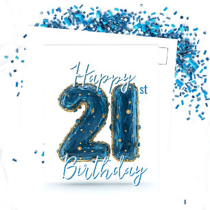 Carte Postale Élégant Anniversaire de 21 ans Bleu et Or Tons de 