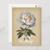 Carte Postale Élégant Anniversaire Fleur de Pivoine Blanche Vint (Devant / Derrière)