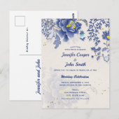 Carte Postale Elégant Aquarelle Bleu Floral Mariage (Devant / Derrière)