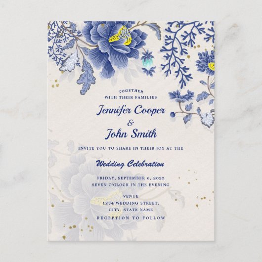 Carte Postale Elégant Aquarelle Bleu Floral Mariage (Devant)