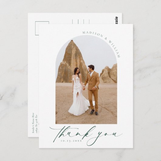 Carte Postale Elégant Arc Photo Vert Mariage Merci (Devant / Derrière)