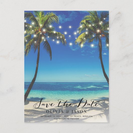 Carte Postale Elégant Beach String Lumières Mariage Enregistrer (Devant)