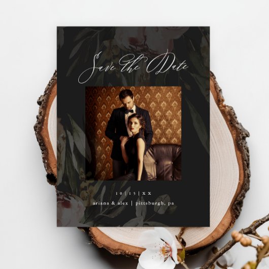 Carte Postale Elégant Black Floral photo mariage Enregistrer la