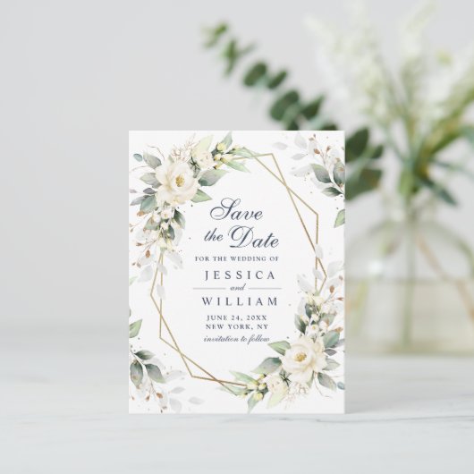 Carte Postale Elégant Blanc Bleu Vert Mariage Enregistrer la dat (Debout devant)