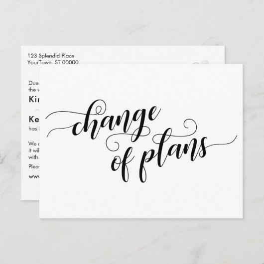 Carte Postale Élégant blanc Changement de plans reporté Mariage (Devant / Derrière)