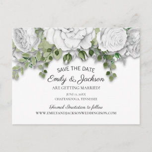 Carte Postale Elégant Blanc Floral Mariage Date de sauvegarde