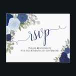 Carte Postale Elégant bleu aquarelle Roses mariage RSVP<br><div class="desc">Ces belles cartes postales RSVP de mariage présentent une jolie aquarelle peinte à la main avec des roses dans les tons bleu poussiéreux, bleu marine et indigo. Le titre lit RSVP en calligraphie de script dentée avec des boucles bouclés de chaque côté. Le dos est un formulaire à remplir et...</div>