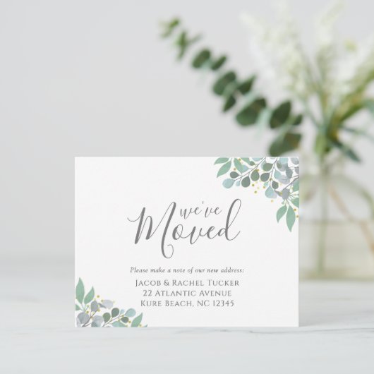 Carte Postale Elégant bleu Dusty Eucalyptus Moving Faire-part (Debout devant)