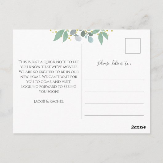 Carte Postale Elégant bleu Dusty Eucalyptus Moving Faire-part (Dos)