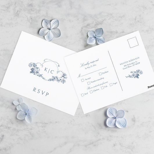 Carte Postale Elégant bleu Dusty Français Floral Crest RSVP