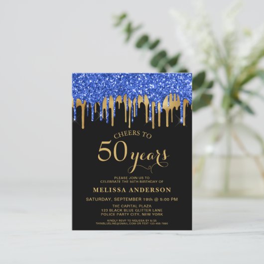 Carte Postale Elégant Bleu Gold Black Parties scintillant Drips  (Debout devant)