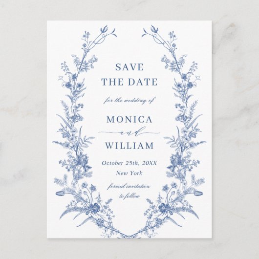 Carte Postale Elégant Bleu Jardin Français Mariage Enregistrer l (Devant)