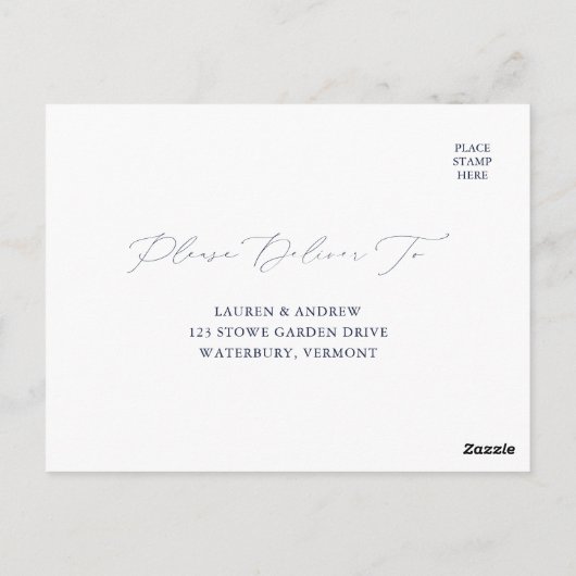 Carte Postale Elégant bleu marine moderne mariage minimal RSVP (Dos)