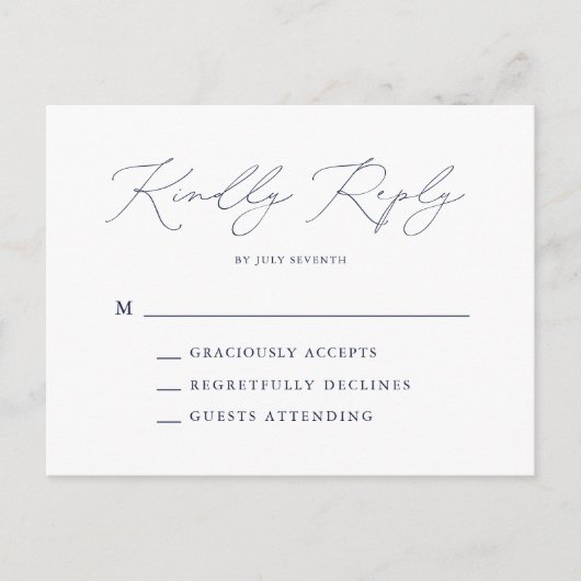 Carte Postale Elégant bleu marine moderne mariage minimal RSVP (Devant)