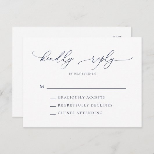 Carte Postale Elégant bleu marine moderne minimal mariage RSVP P (Devant / Derrière)
