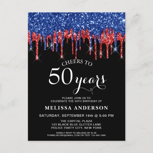 Carte Postale Elégant Bleu Rouge Noir Parties scintillant Drip 5 (Devant)