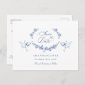 Carte Postale Elégant Bleu Toile Française Mariage Enregistrer l (Devant / Derrière)