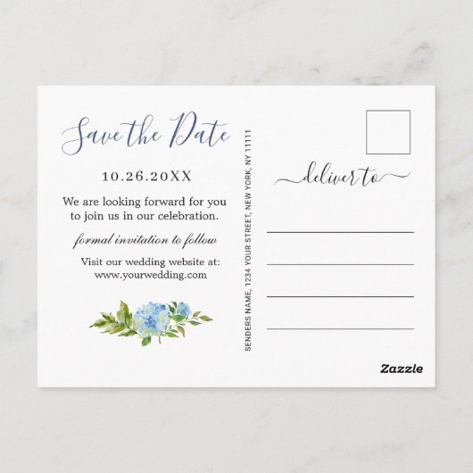 Carte Postale Elégant Blue Hydrangea Mariage Enregistrer La Date (Dos)