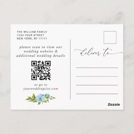 Carte Postale Elégant Blue Hydrangea Mariage QR Enregistrer la d (Dos)