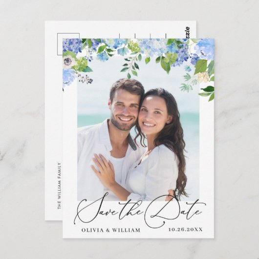 Carte Postale Elégant Blue Hydrangea Wedding Enregistrer la date (Devant / Derrière)