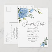 Carte Postale Elégant Blue Hydrangea Wedding Enregistrer la date (Devant / Derrière)