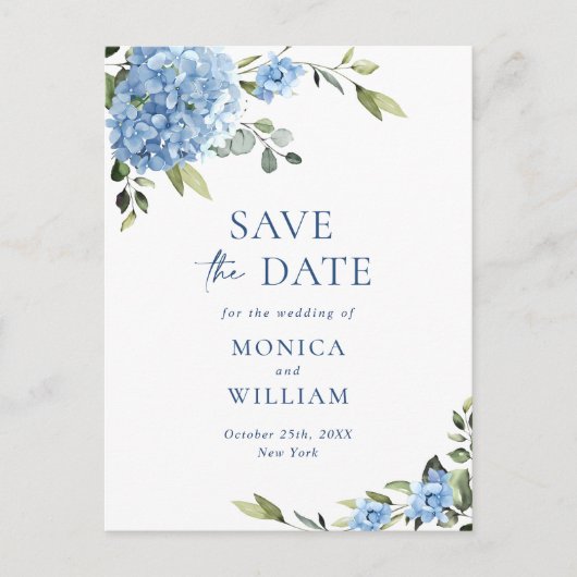 Carte Postale Elégant Blue Hydrangea Wedding Enregistrer la date (Devant)