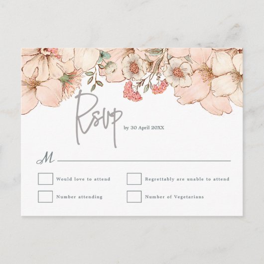 Carte Postale Elégant Blush rose Floral Gris Script Mariage RSVP (Devant)