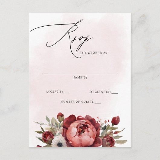 Carte Postale Elégant Boho Bourgogne Blush Floral RSVP (Devant)