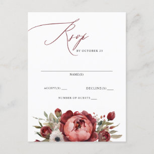 Carte Postale Elégant Boho Bourgogne Blush Floral RSVP