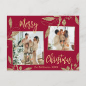 Carte Postale Élégant botanique rouge et or 2 Photo Noël (Devant)