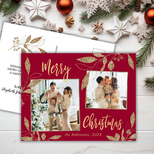 Carte Postale Élégant botanique rouge et or 2 Photo Noël