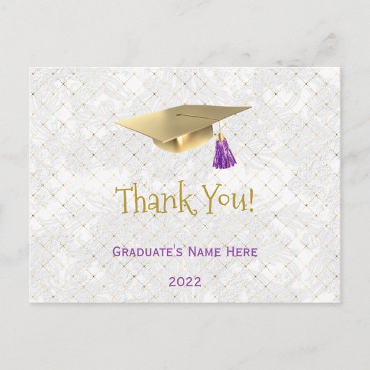 Carte Postale Élégant bouchon or violet Merci diplômé (Devant)