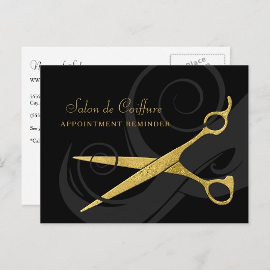 Carte Postale Elégant Boucles Noires Faux Ciseaux Or Rendez-vous (Devant / Derrière)