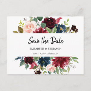 Carte Postale Élégant Bourgogne Rouge Navy Fleur Save The Date